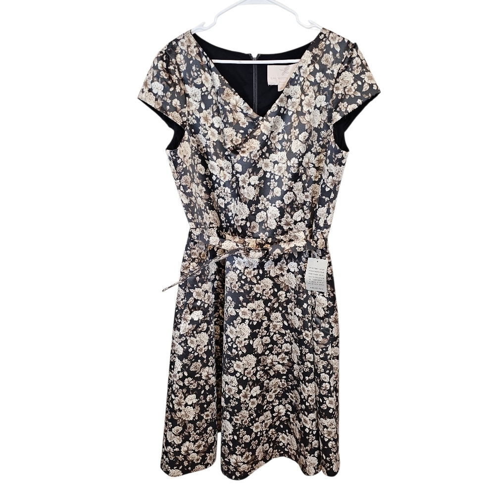 Gal Meets Glam Elle Brightex Duchess Fit & Flare Satin Floral Belted Vneck Dress - Picture 2 of 11